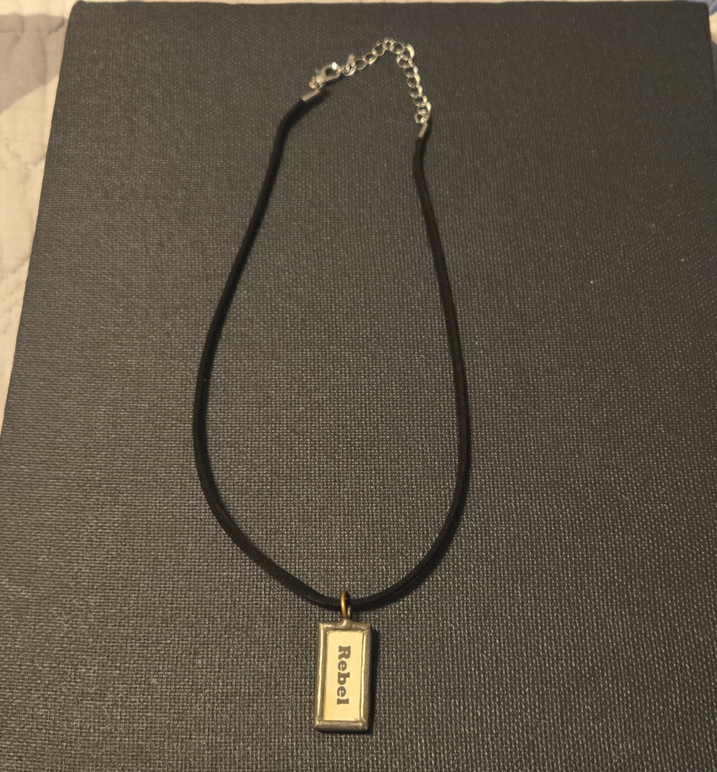 Black/Silver Rectangle Bar Pendant Necklace Cord Chain Adjustable Lobster Rebel