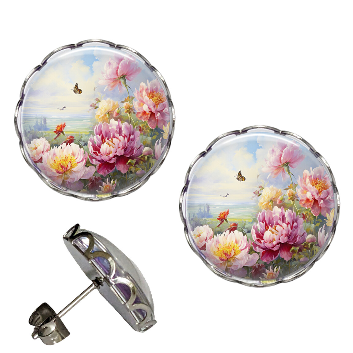Watercolor Artwork Peony Earrings NO TARNISHING Scalloped Studs Waterproof