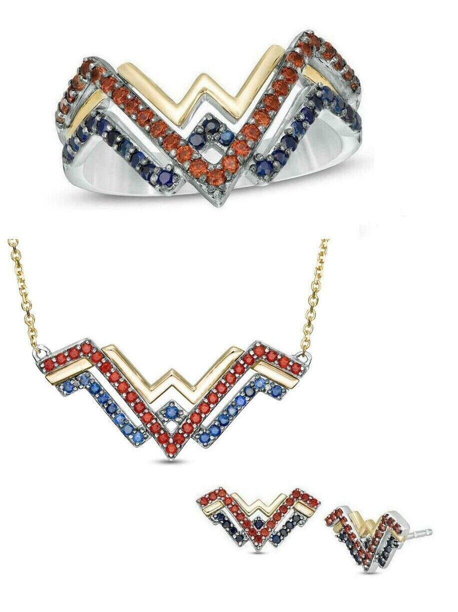 Wonder Woman Collection Ring Earring Pendant Set Blue Sapphire & Red Garnet