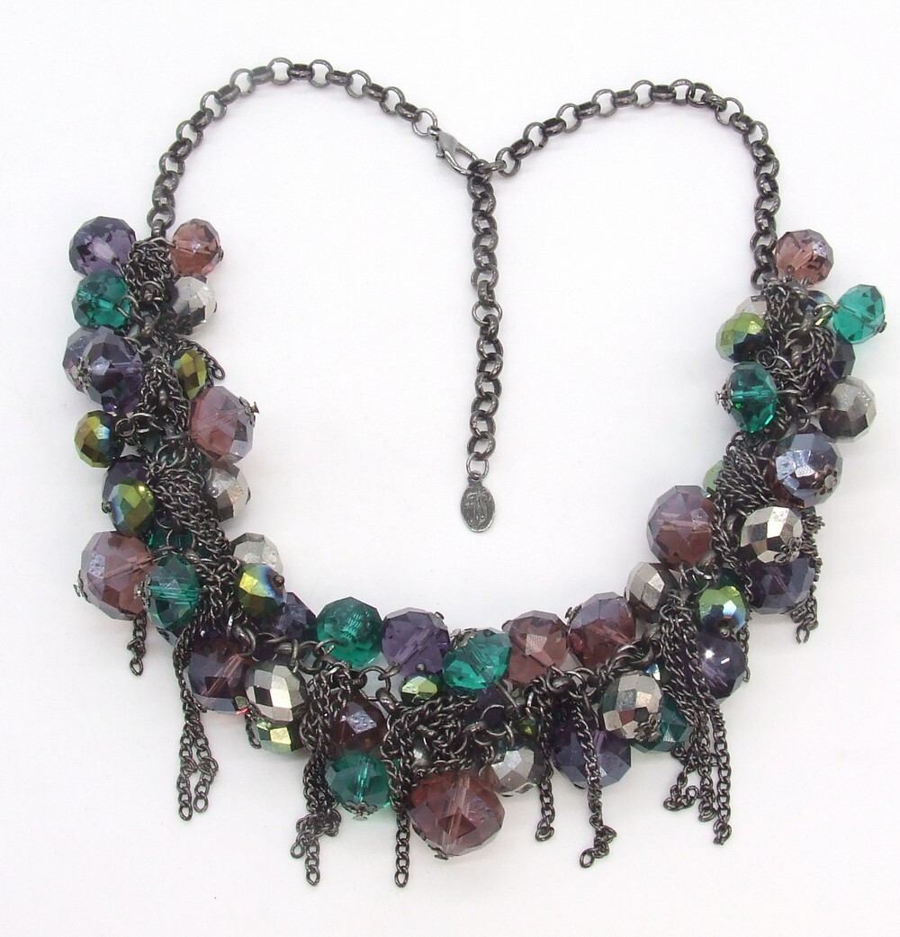 18-20.5″ Sarah Coventry Black-P Rolo Chain Crystal Cha Cha Necklace/Choker Aqua