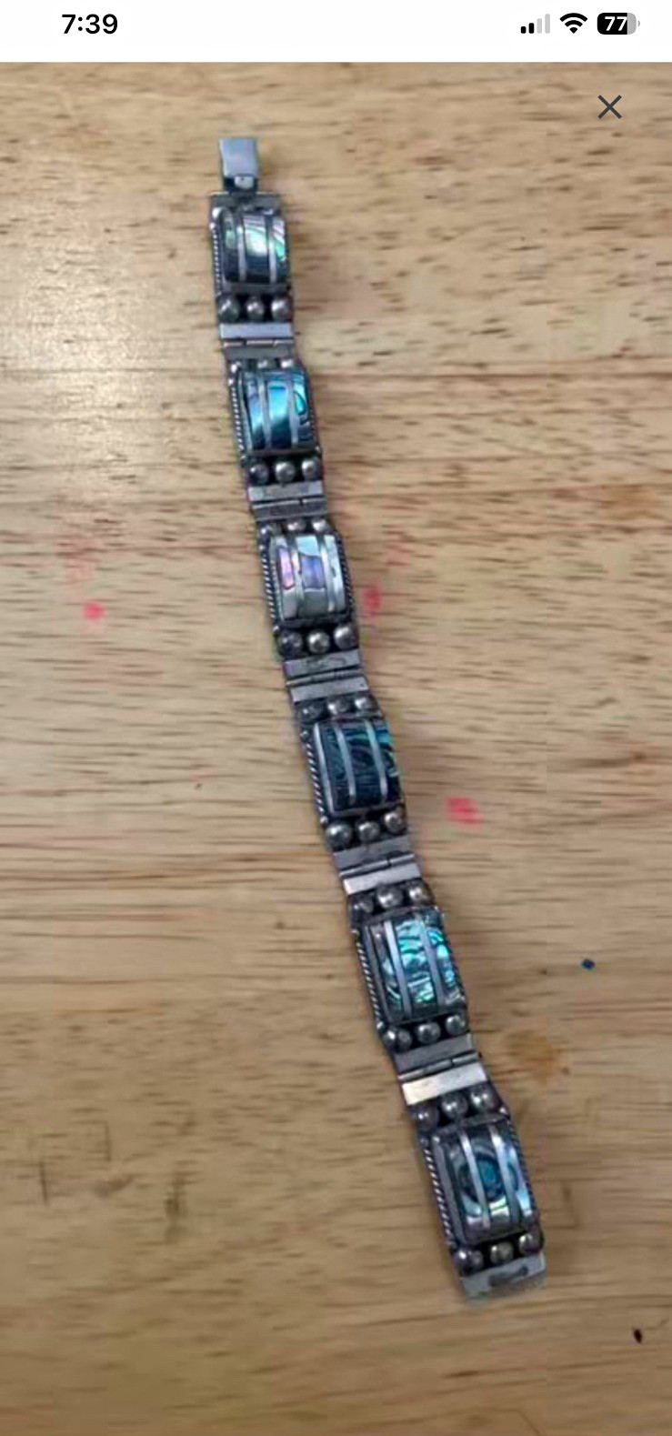925 Sterling Silver Mexico Link Bracelet Abalone Inlay Signed Box Clasp