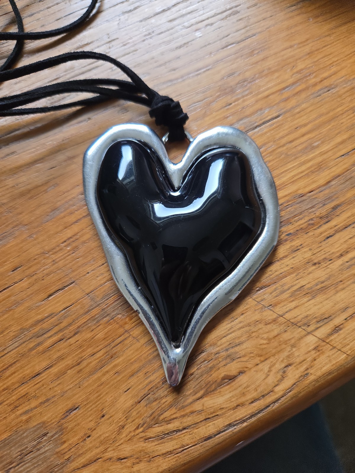 Frank Usher Large Heart Pendant Necklace Black Silver Tone Statement Cord…