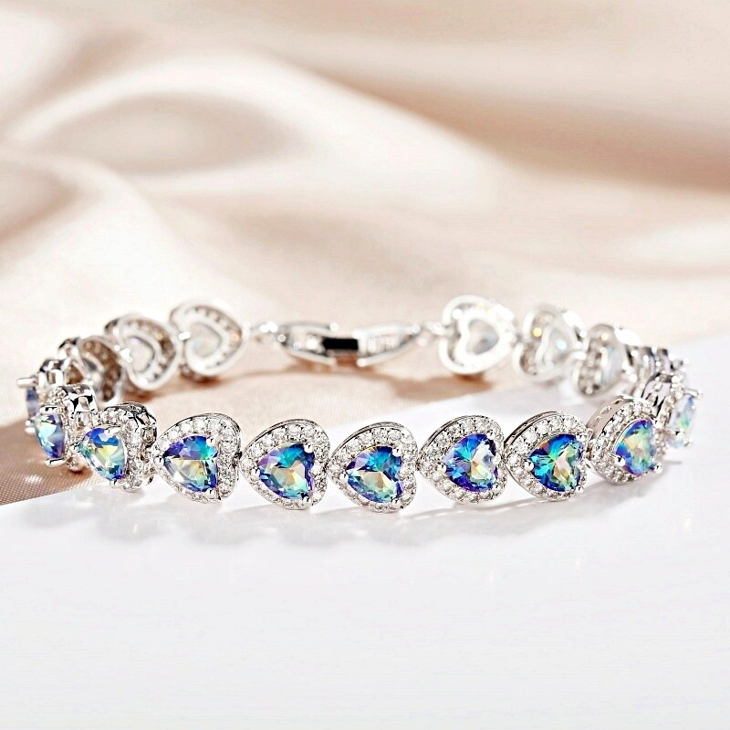 18K White Gold GF Created Mystic Crystal Stunning Rainbow Heart Tennis Bracelet