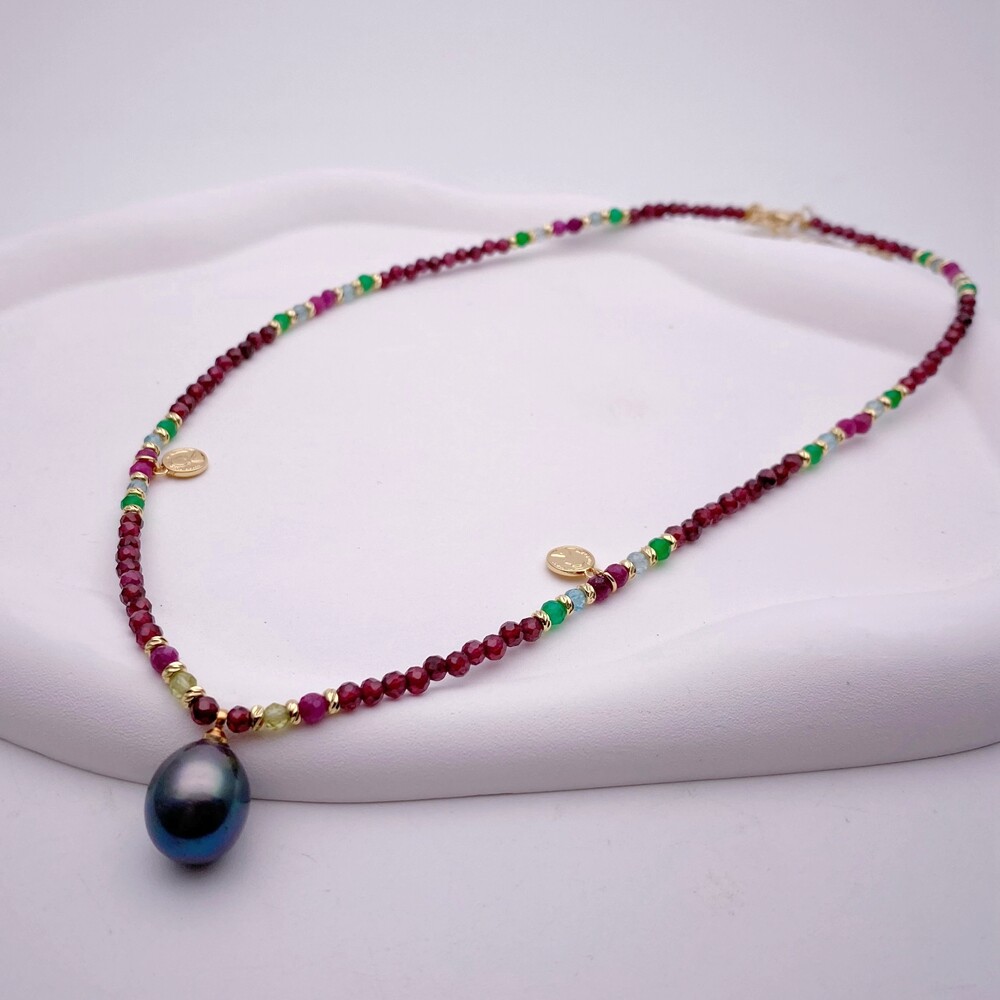 Garnet Agate Ruby Pearl Charm Necklace 3mm Gemstone Cultured Black Pearl Pendant