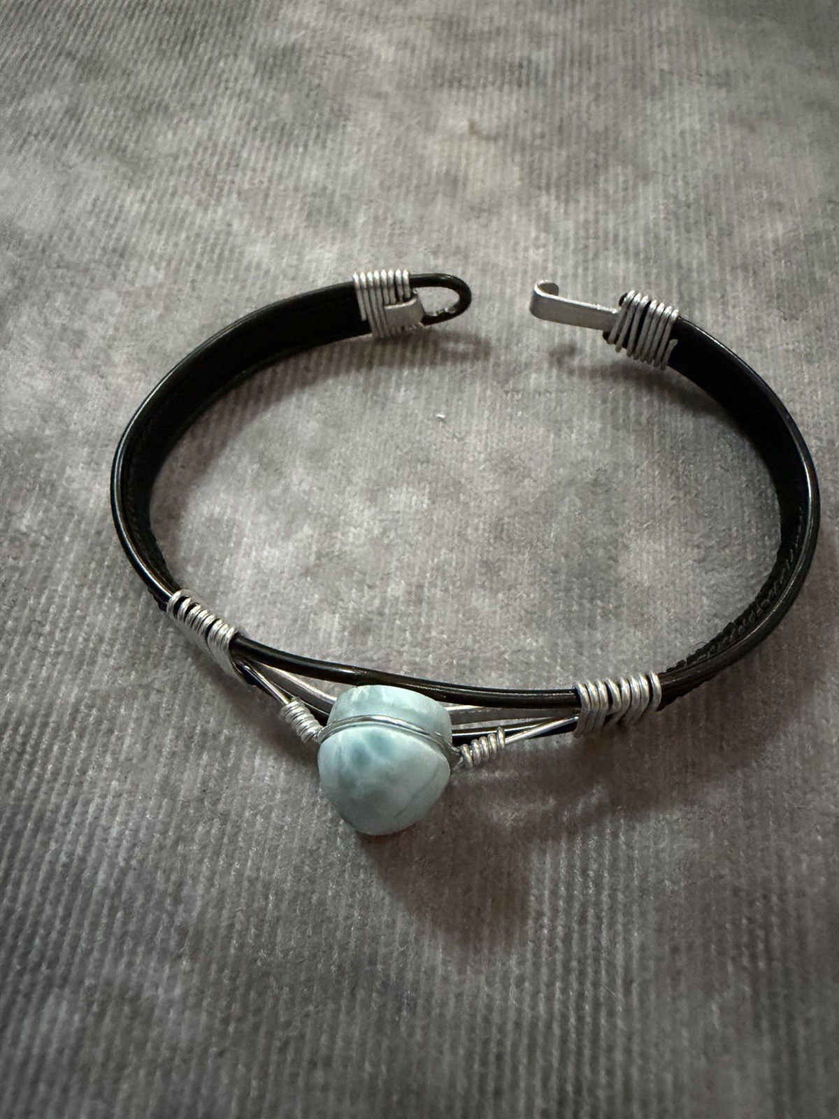 Leather & Metal Cuff Bracelet, Wire Wrap Round Blue Stone, Hook Closure