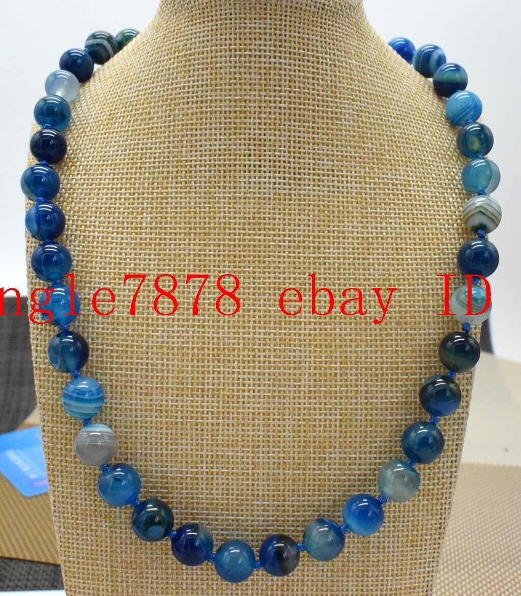 Natural 6/8/10/12/14mm Blue Striped Agate Round Gemstone Beads Necklace 20” AAA