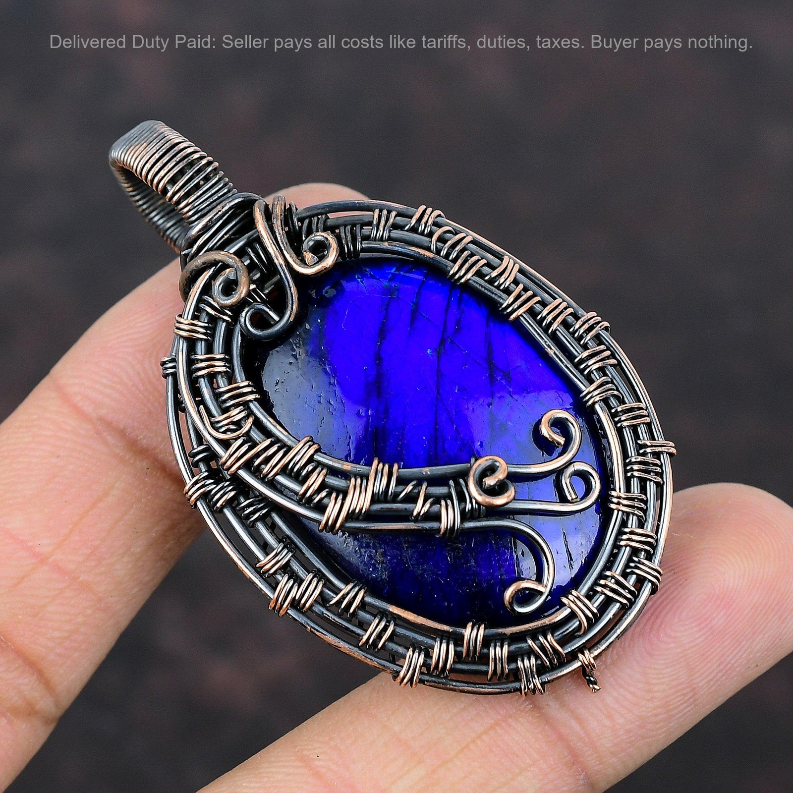 Copper Oval Natural Blue Fire Labradorite Mother Wire Wrapped Pendant Jewelry