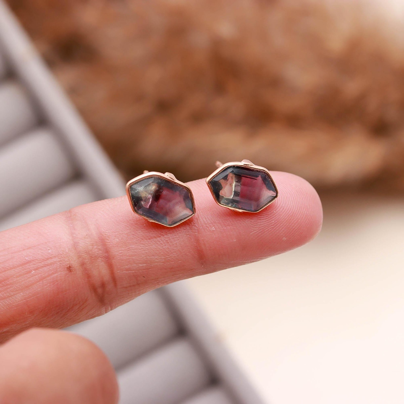 Natural Fluorite Hexagon Stud Earrings Rose Gold Plated Solid Silver Jewelry