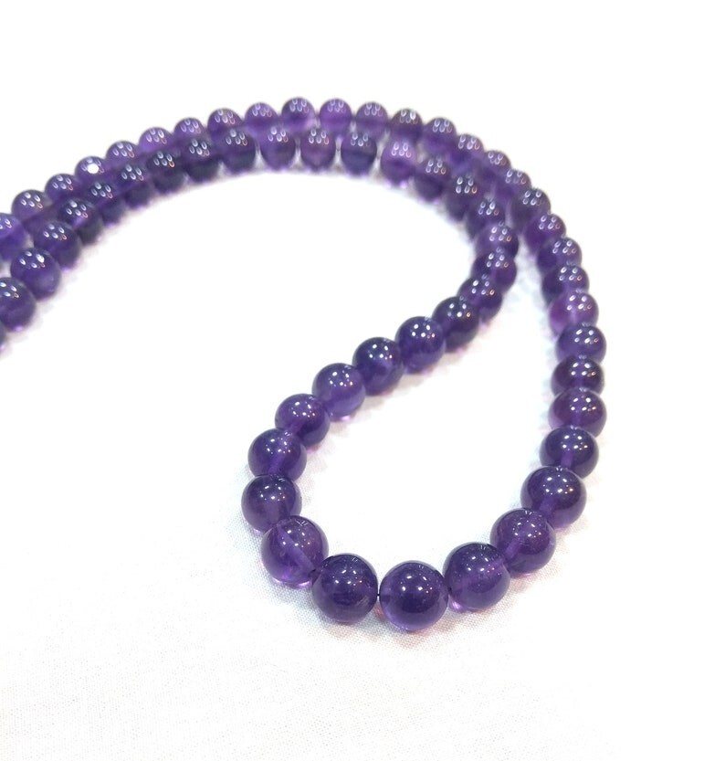 Natural Amethyst Smooth Round Gemstone Beaded February Birthstone Necklaces 24”