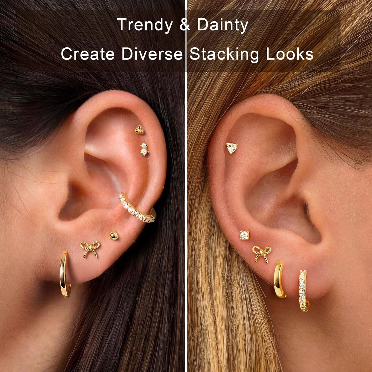 M MOOHAM Hypoallergenic Flat Back Earring Stack for Women Teen Girls, 14K Gold P