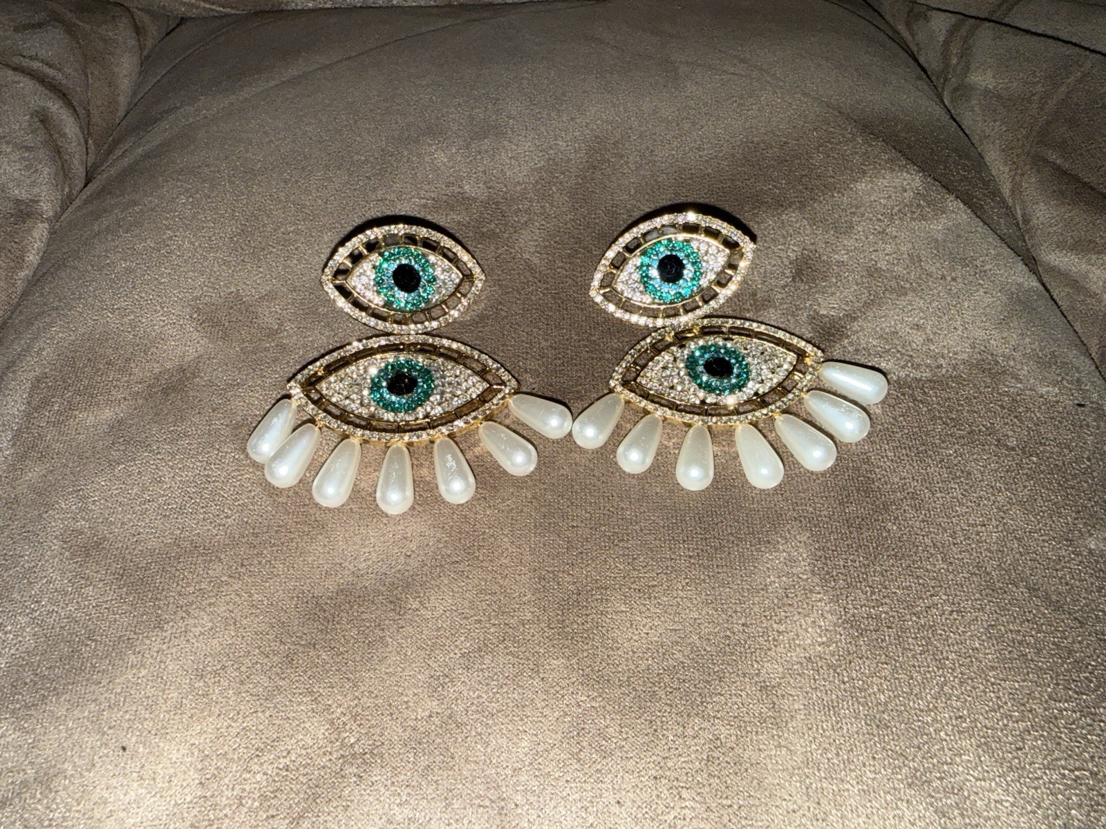 Eye Pearl Gold Post Rhinestone Fashion Statement Evil Eye Earring And Bracelet B