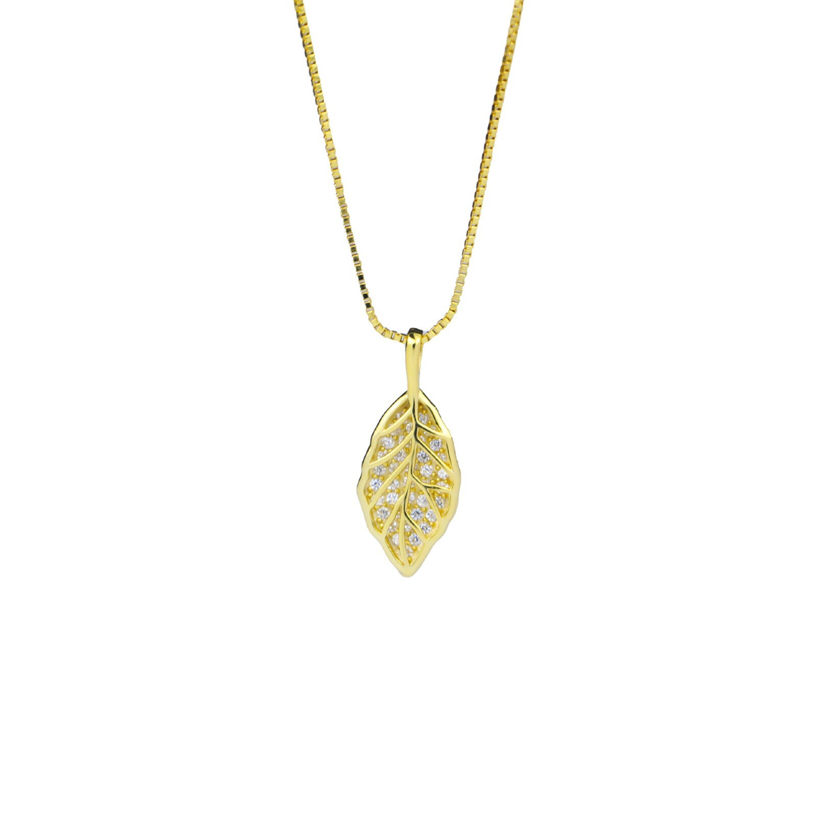 Woman 18K Gold Plated Stainless Steel Starry CZ Leaf Charm Necklace Chain