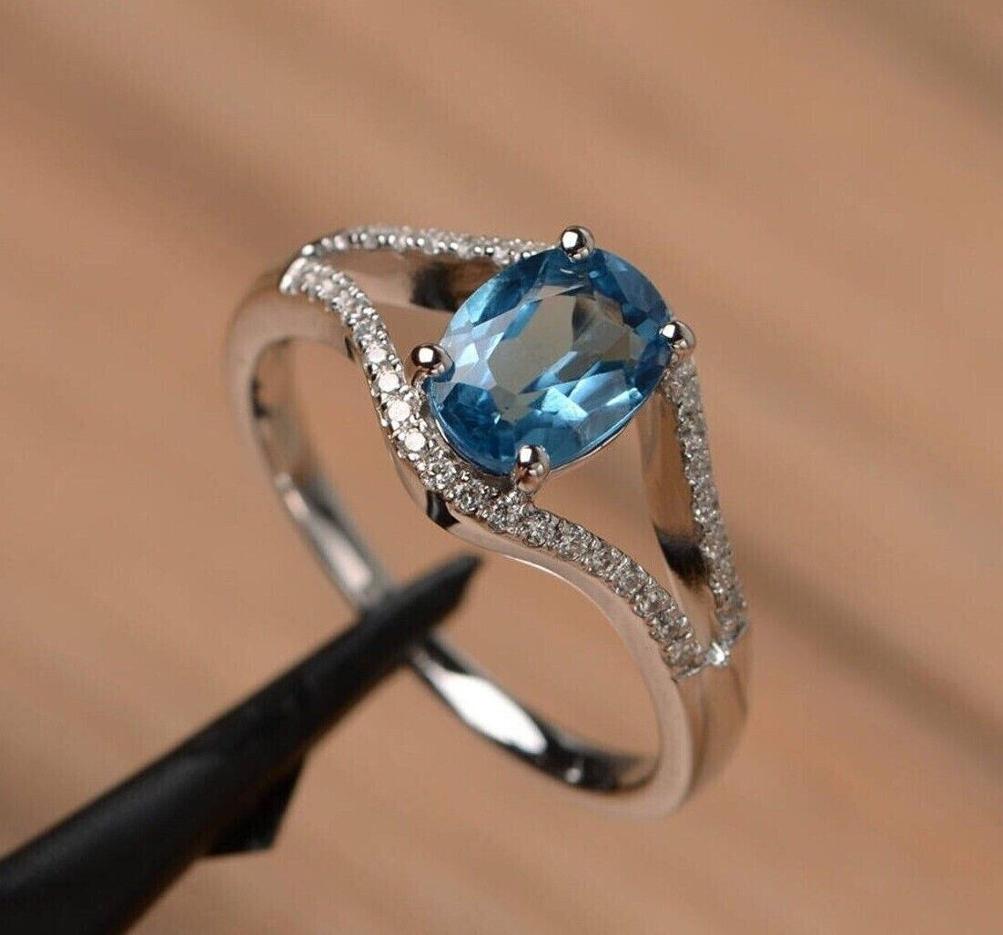 Oval Cut Simulated Blue Topaz Women’s Stunning Band Ring 14K White Gold Plated