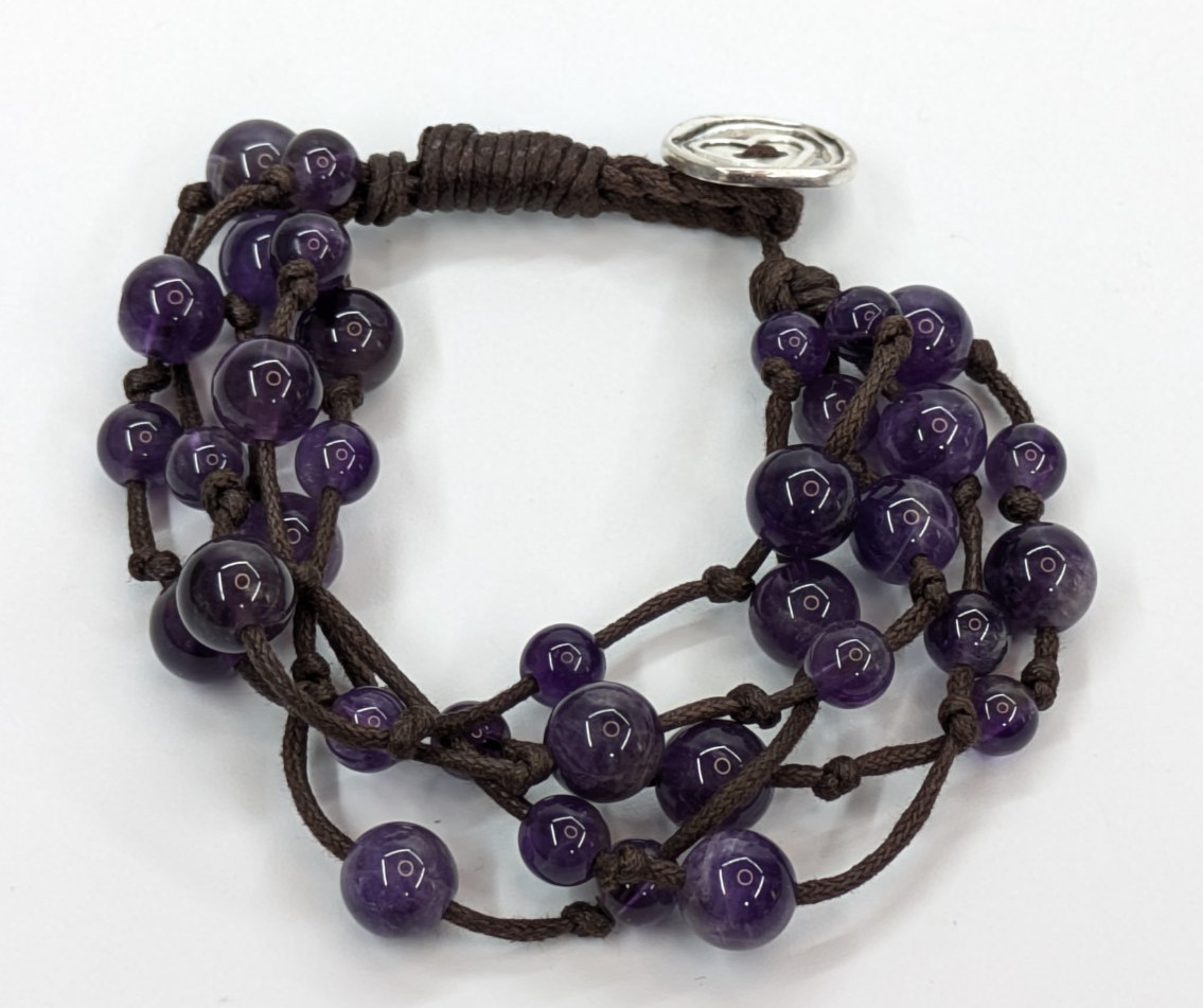 Purple Amethyst Stone Beaded Multi Strand Sterling Silver 925 LA Signed Bracelet