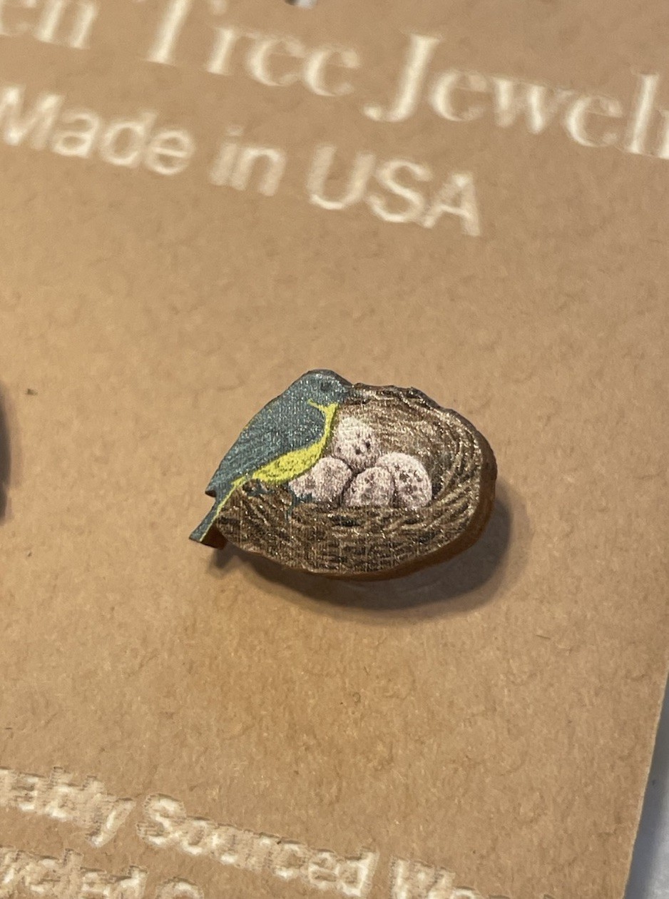 Green Tree Jewelry Bird in Nest Wood Earrings Egg Studs Made in USA Gift Boxed