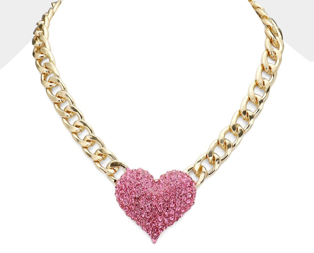 Pave Mauve Pink Crystal Heart Necklace Women’s Gold Plated Pendant Quality 18″