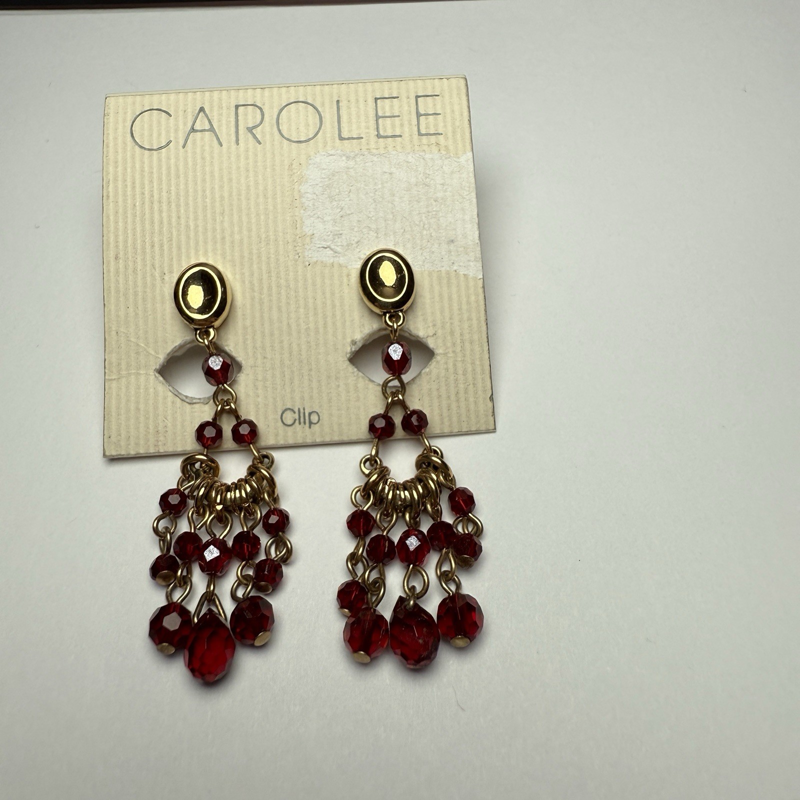 Carolee Red Beaded Chandelier Dangle Drop Earrings Clip-on Gold Tone NWT