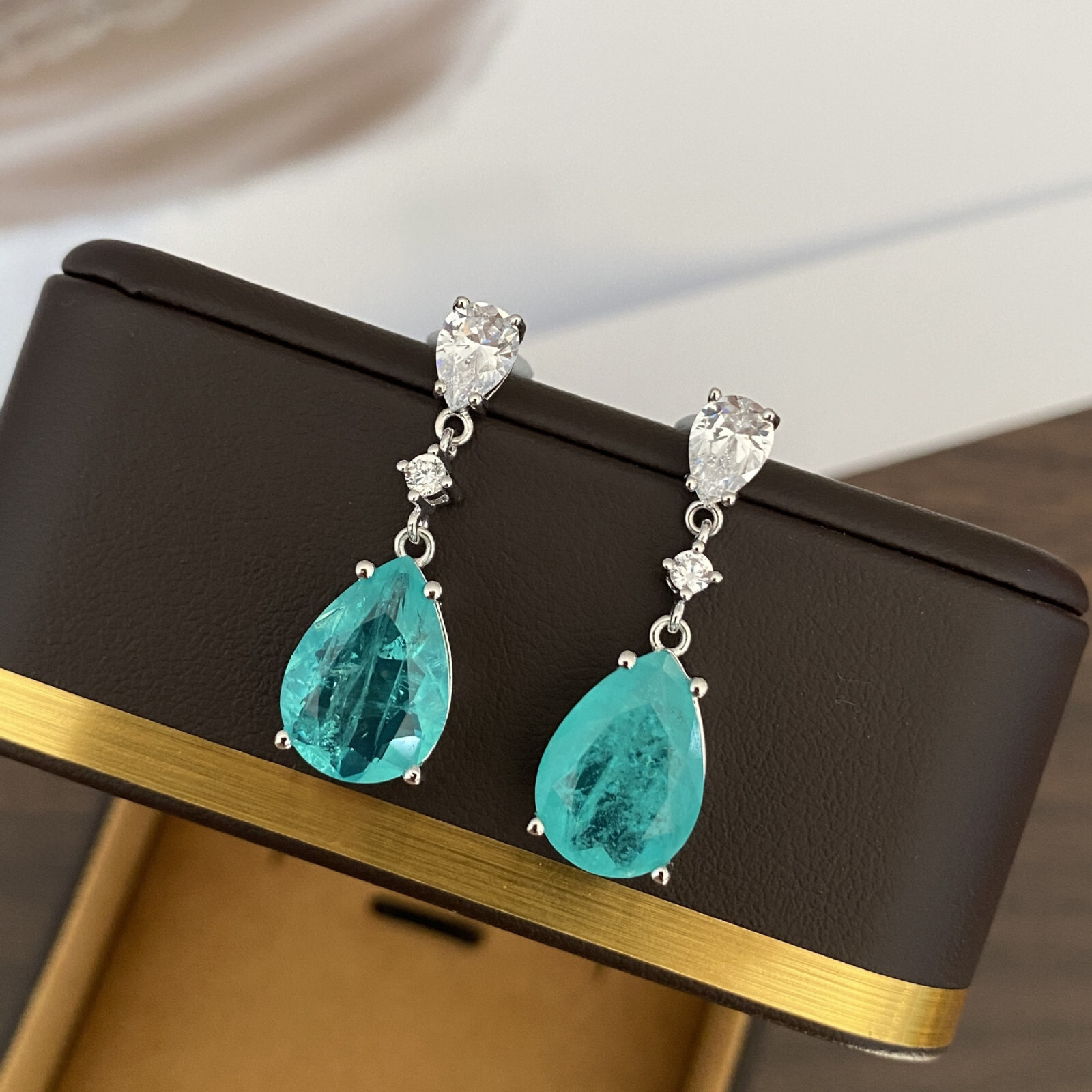 New Christmas Jewelry Paraiba Blue Tourmaline Gems Women Charm Silver Earrings