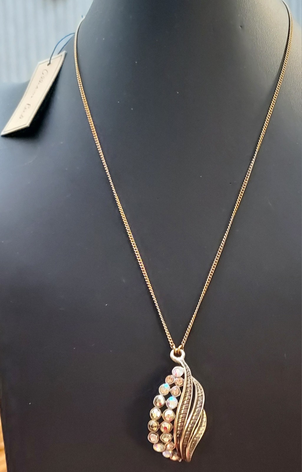 Allison Reed Floral Leaf Rhinestone Statement Necklace Goldtone
