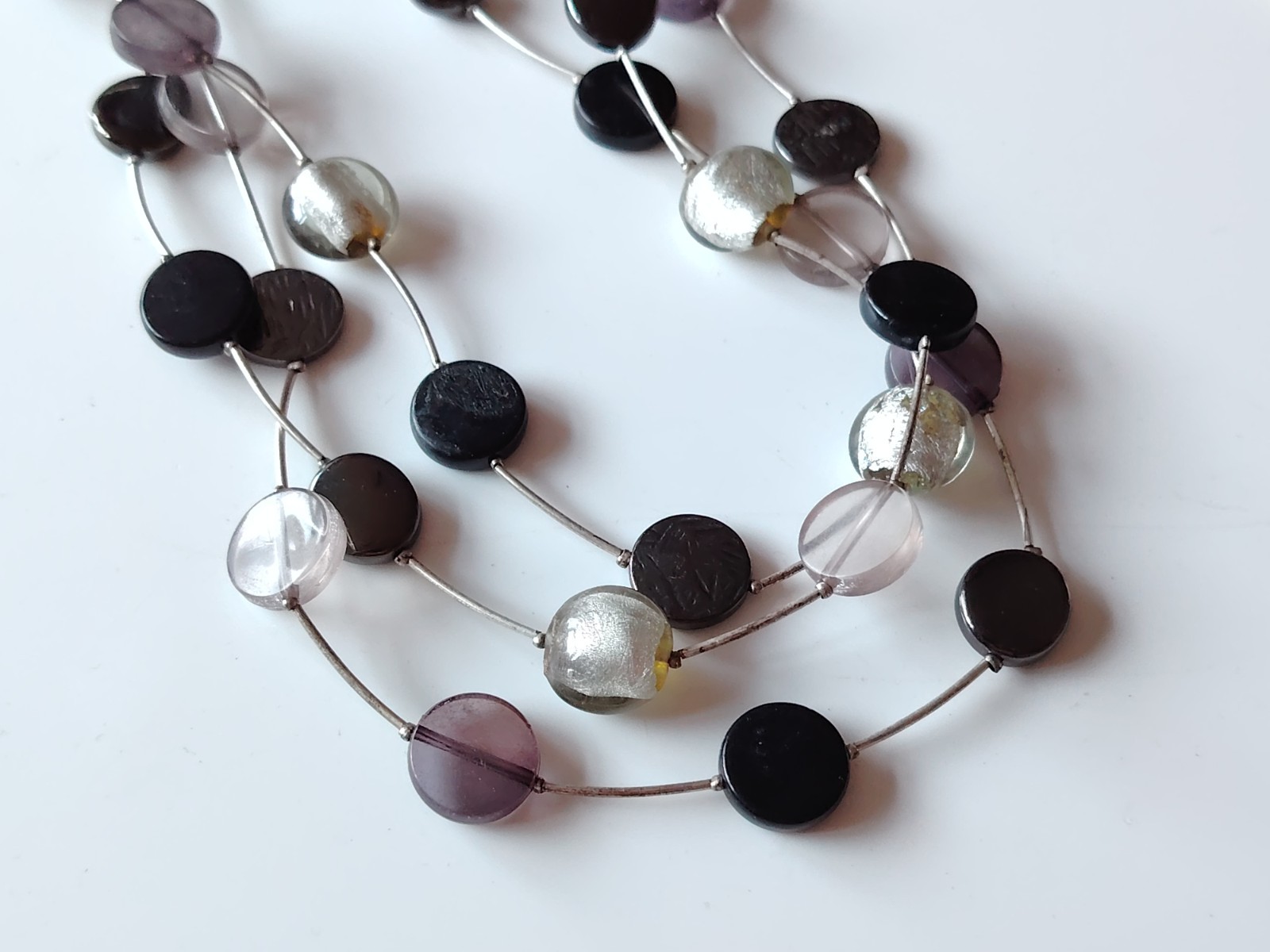 Ikita Silver Tone Foil glass Disc Bead Necklace Layering Metal Tube Multi Strand