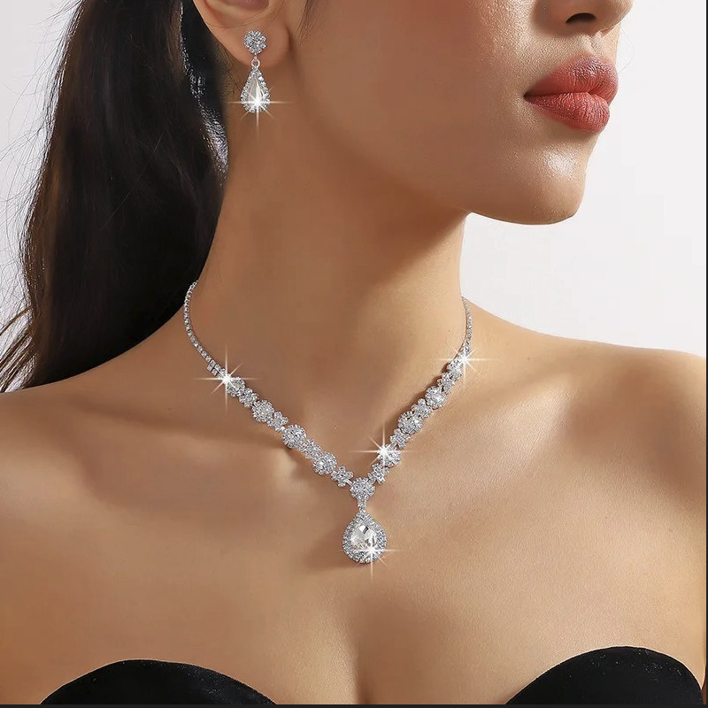 3pcs Crystal Drop Necklace Earrings Jewelry Set Women Wedding Party – NEW