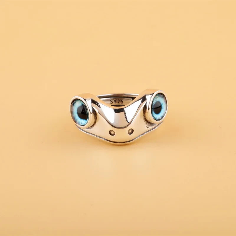 Cute Frog Blue Eye Silver Ring, Adjustable Size, Toad, Fun