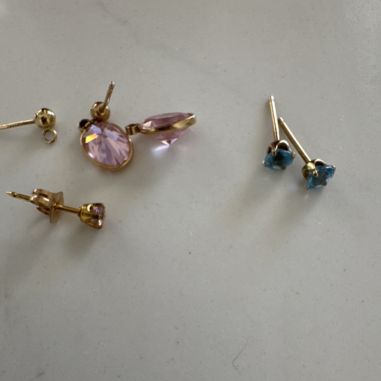 2 Pair Lot Gold Tone Pink Crystal Drop & Blue Crystal Stud Earrings Butterfly