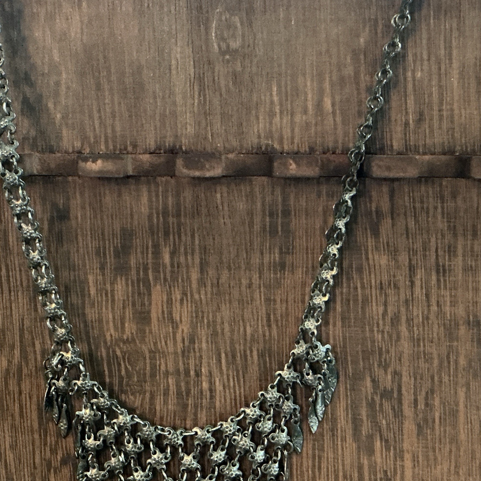 Silver Tone Bib Statement Link Chain Necklace Asymmetrical Pendant Adjustable