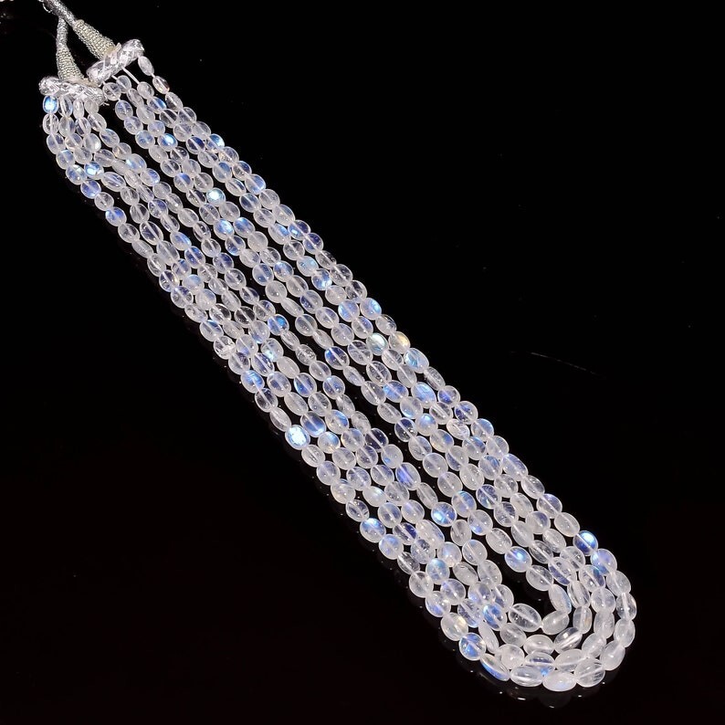 A++ 4 Layer Flashy Rainbow Moonstone Smooth Oval Gemstone Beaded Necklaces 19”