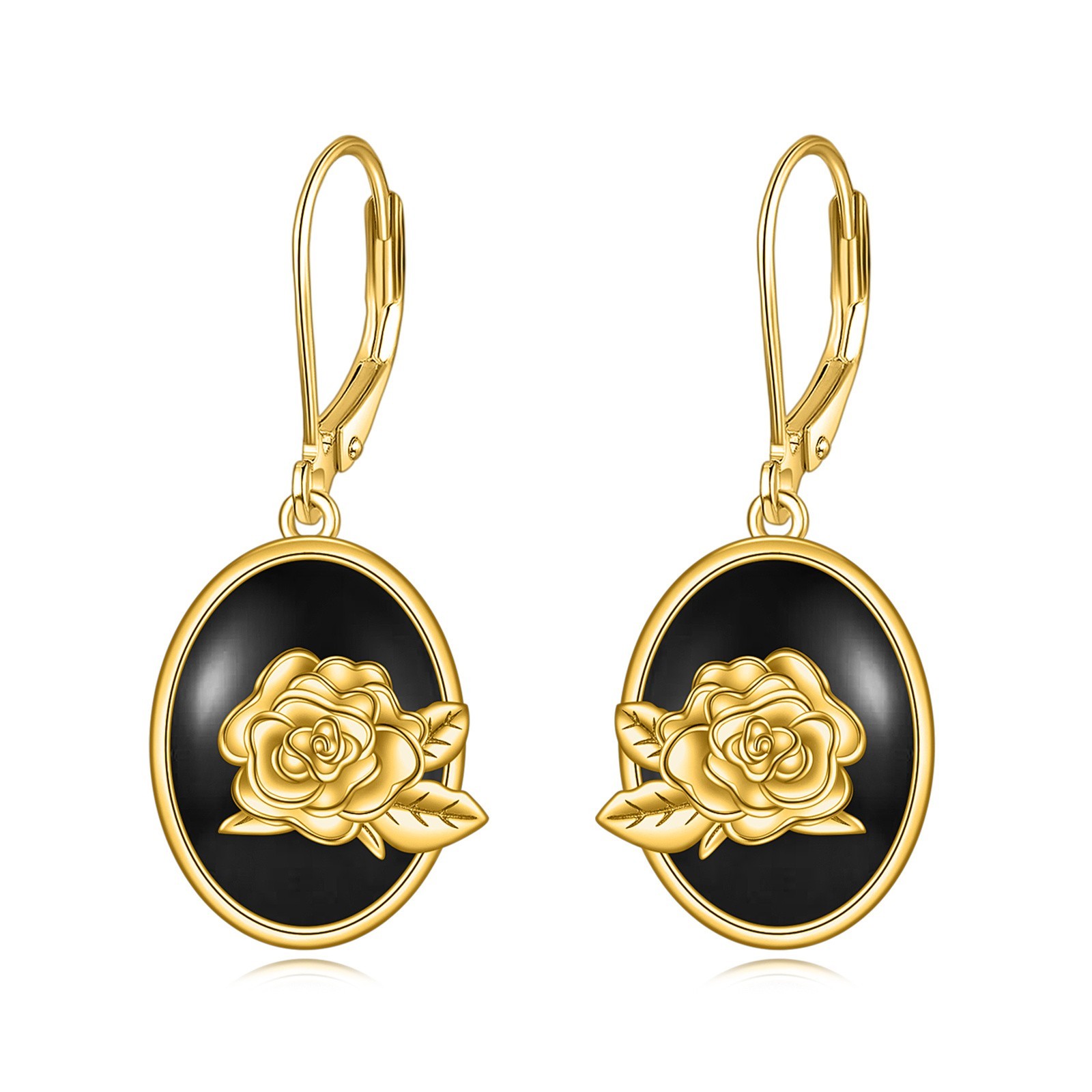 Black Drop Earrings Sterling Silver 18k Gold Plated Rose Flower Leverback