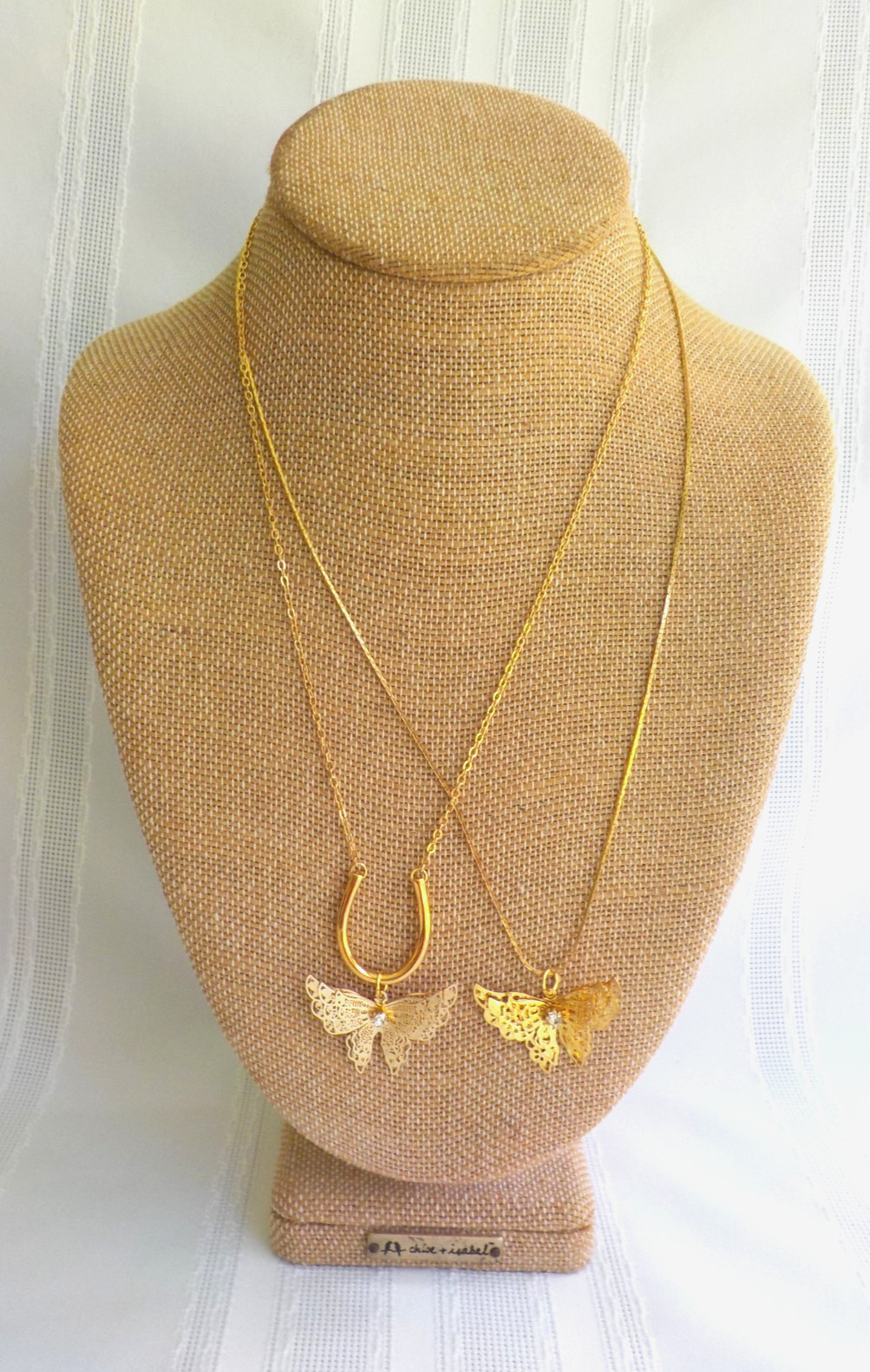 Dimensional Butterfly Necklace Rhinestone Gold Tone Metal Pendant Chain Total 2