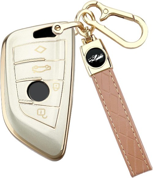 Soft TPU Key Fob Cover with Leather Keychain for X1 X3 X4 X5 X6 X7 Color: Gold