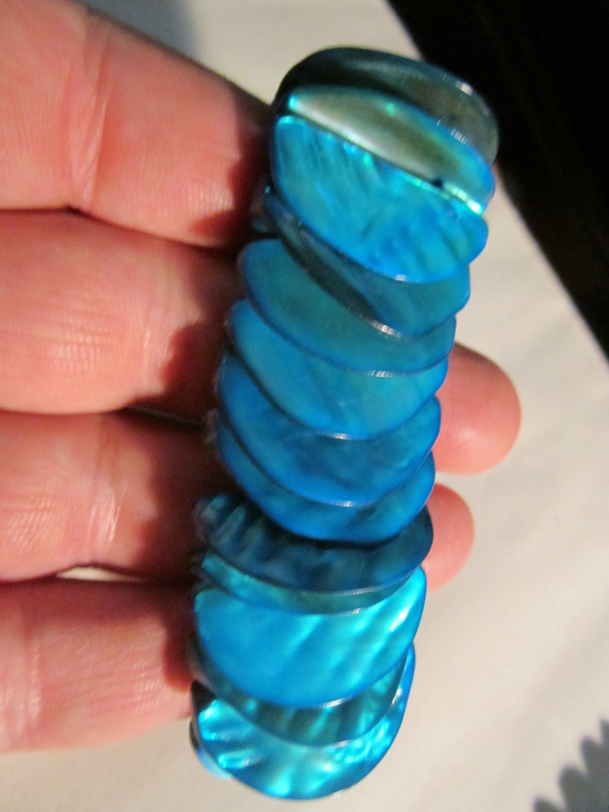 3 MOTHER OF PEARL BRACELETS – TWO ARE BLUE DYED – ALL FIT 7″ WRIST – BNNN