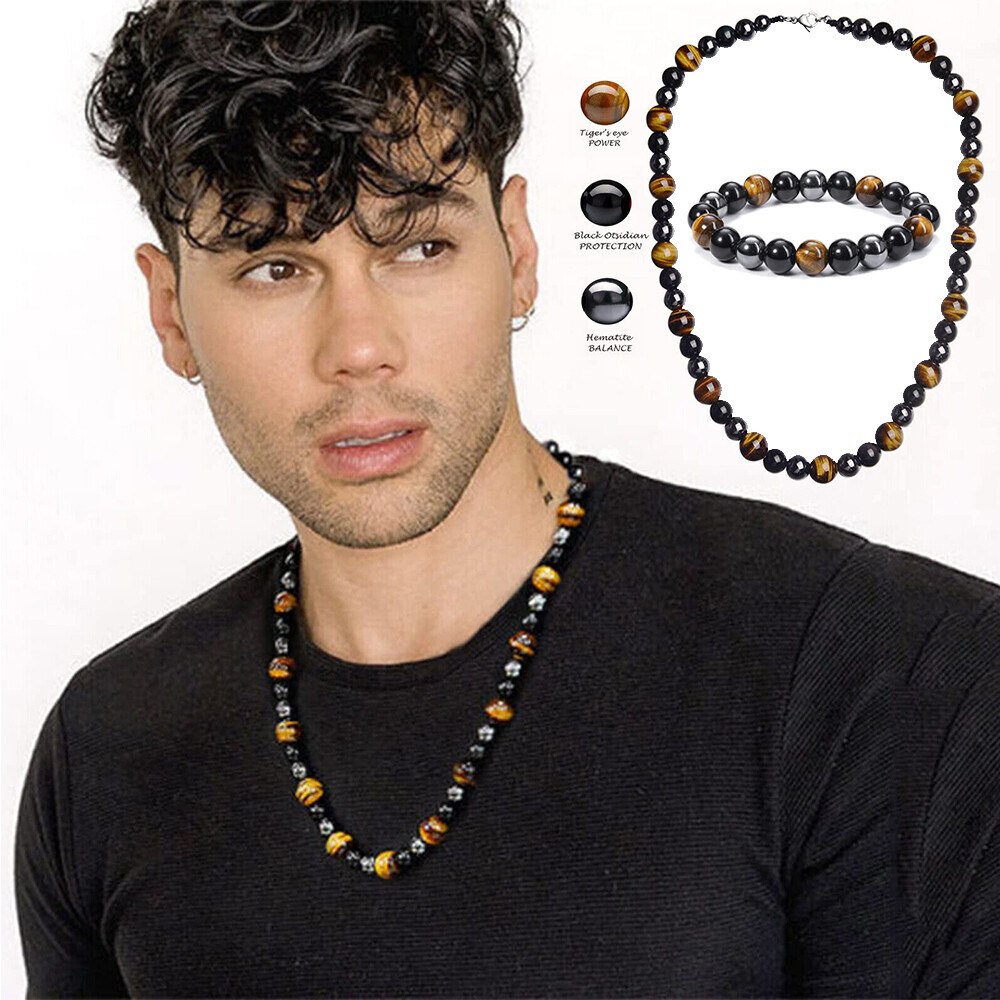 4Pcs Natural Triple Protection Tiger Eye Stone Beaded Bracelets Necklaces 24inch