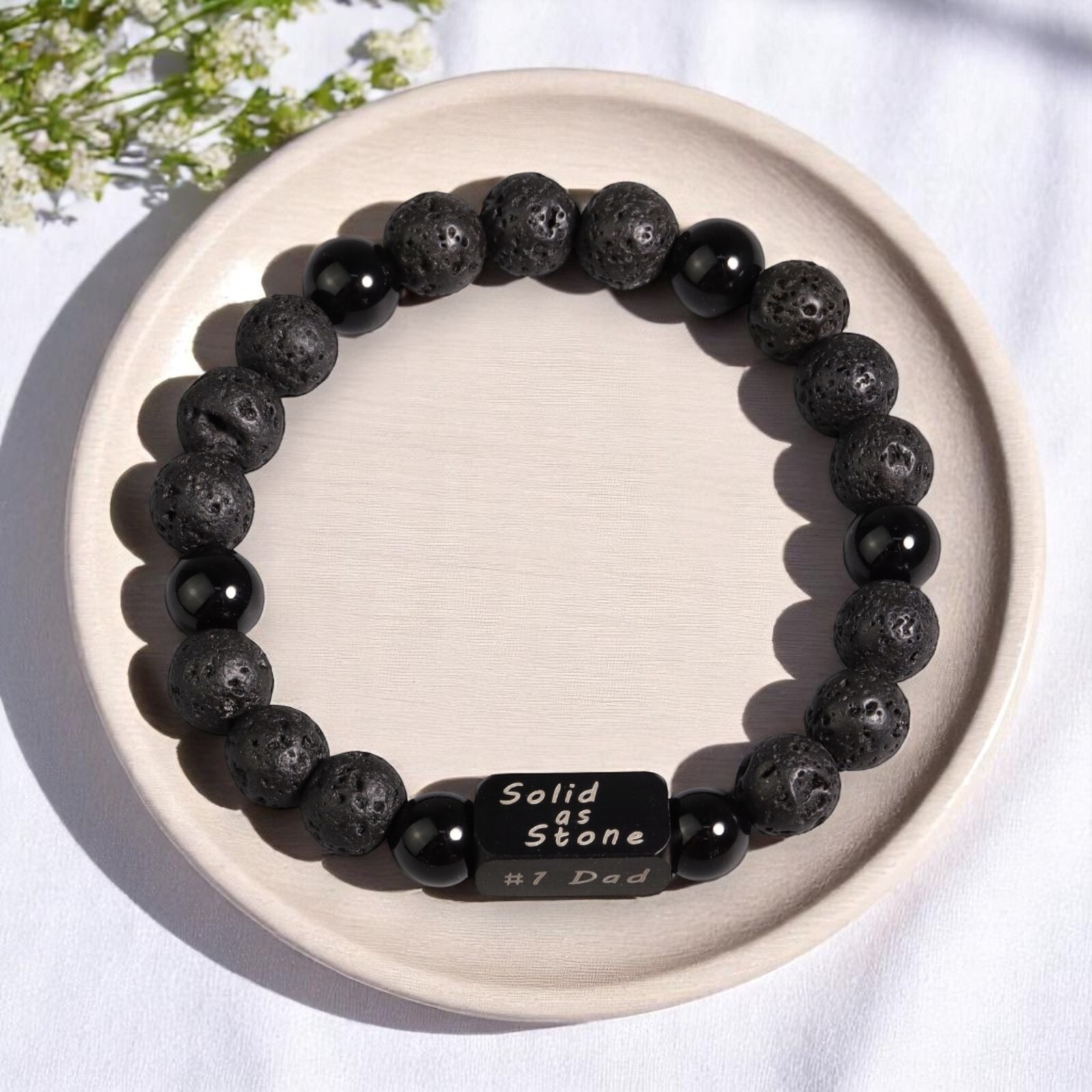 Engraved Bracelet for Dad – Lava Rock Obsidian Stone Bracelet Father’s Day Gift