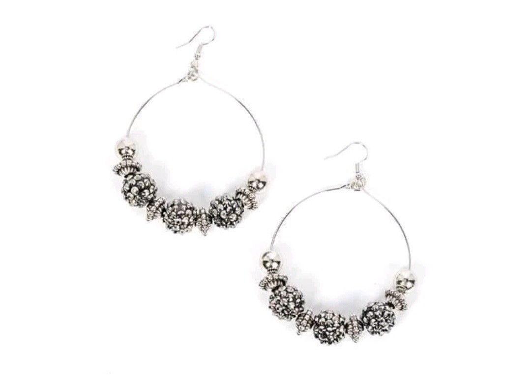 Silver Tone Large Beaded Ball Round Hoop Dangle Earrings Hook Closure No Stone