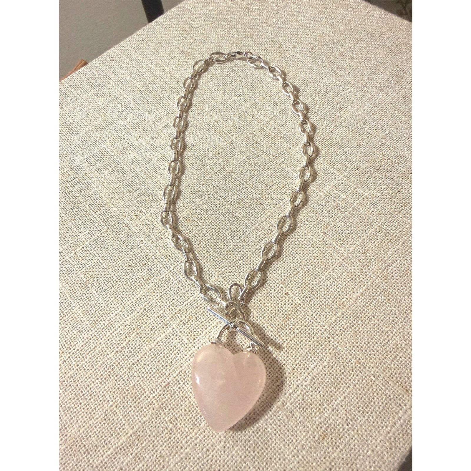 Rose Quartz heart chainlink silvertone trending chunky healing gemstone necklace
