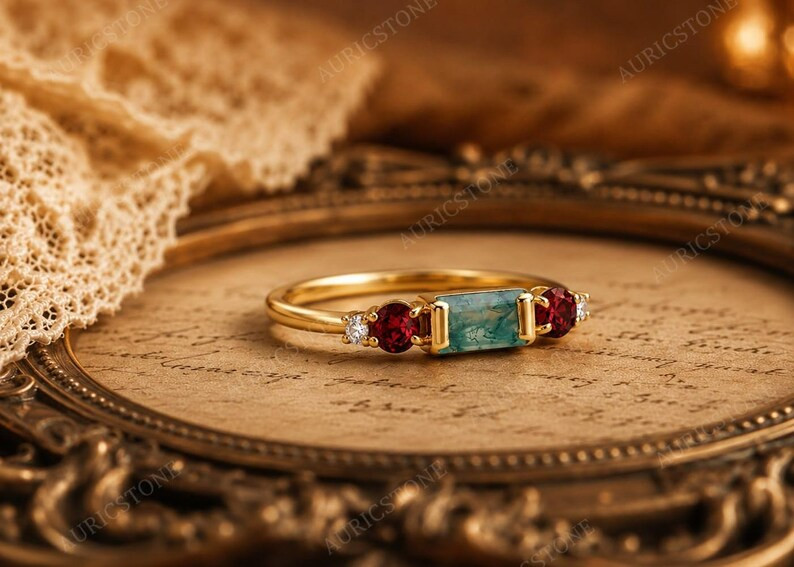 Lab Created Green Moss Agate Ring, Base Metal: Brass Finish: Gold Plated