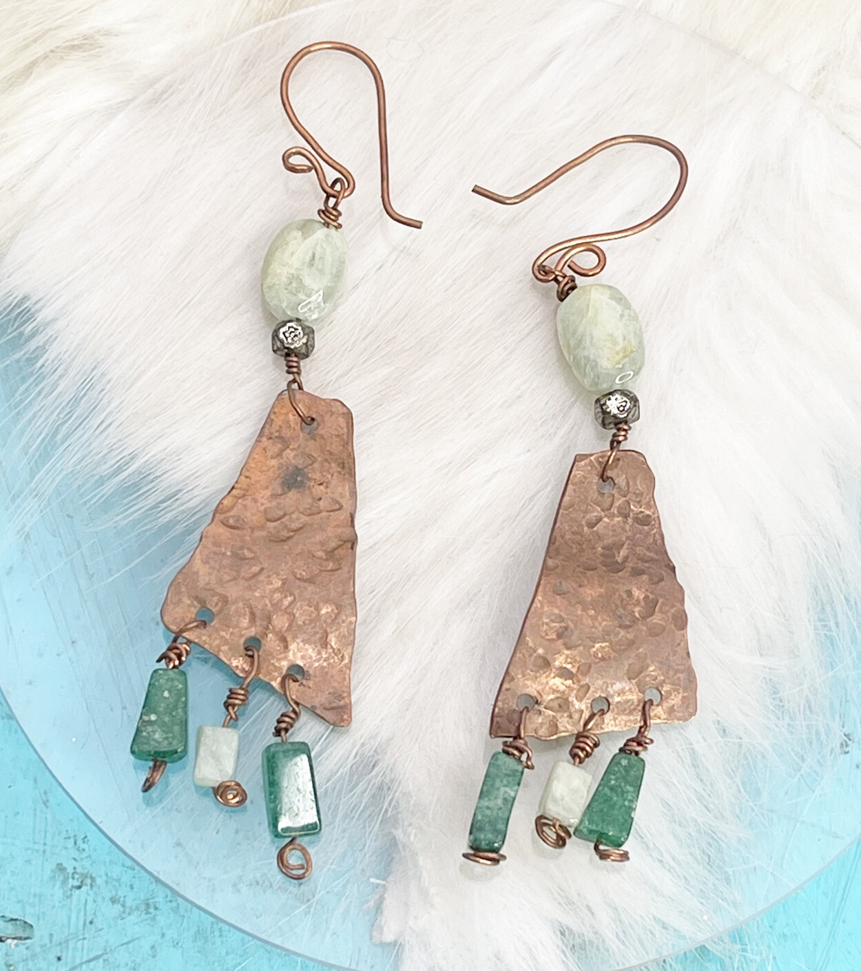 Artisan Hammered Copper Dangles Green Jade Gemstone Earrings French Hook