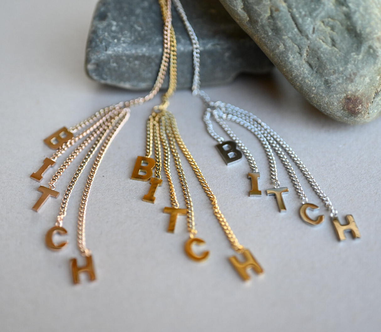 PAIR of “Bitch” Chain Threader Earrings Free Falling 20g Stainless Steel