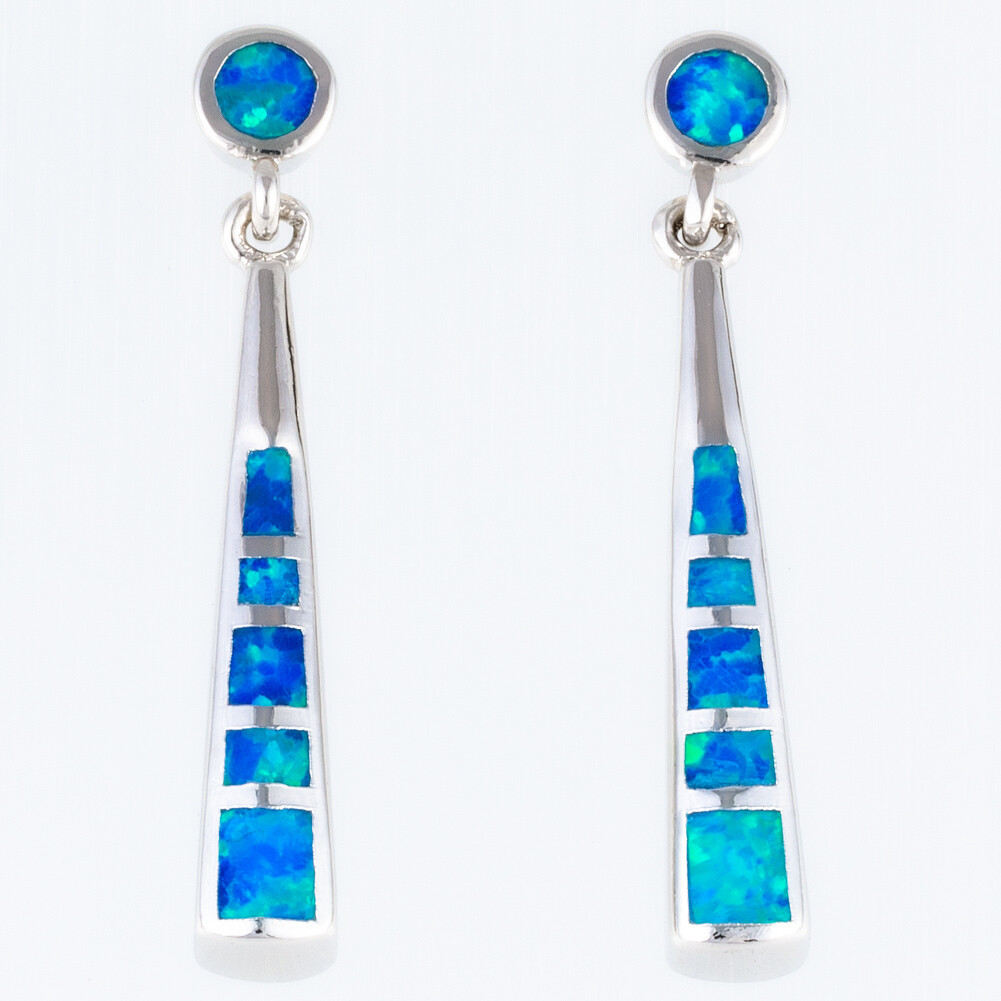 Stick Shape Ocean Blue Fire Opal Silver Jewelry Drop Pierced Earrings