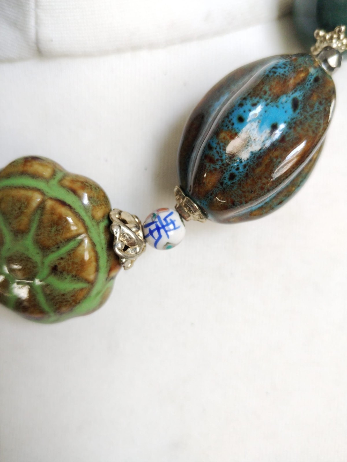 Chunky Glazed Ceramic Mixed Shapes Beaded Statement Necklace, blue green brown