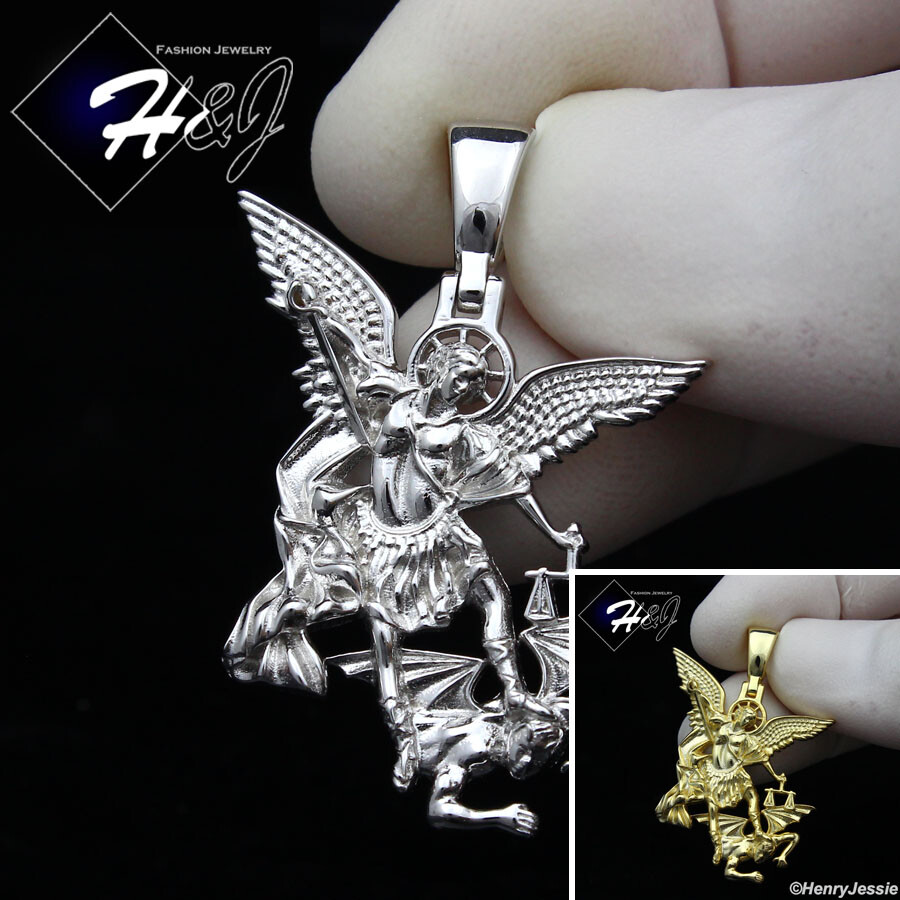 MEN 925 STERLING SILVER GOLD PLATED/SILVER ST MICHAEL THE ARCHANGEL PENDANT*S327