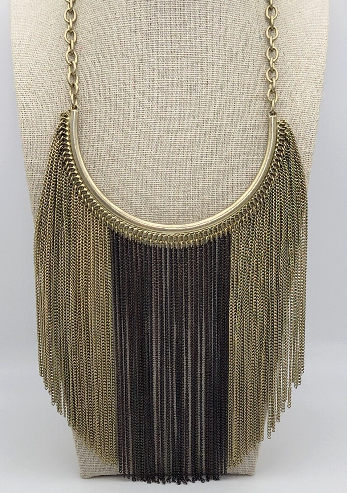 Chico’s Gold And Brown Tone Statement Fringe Tassel Necklace 18.5 in