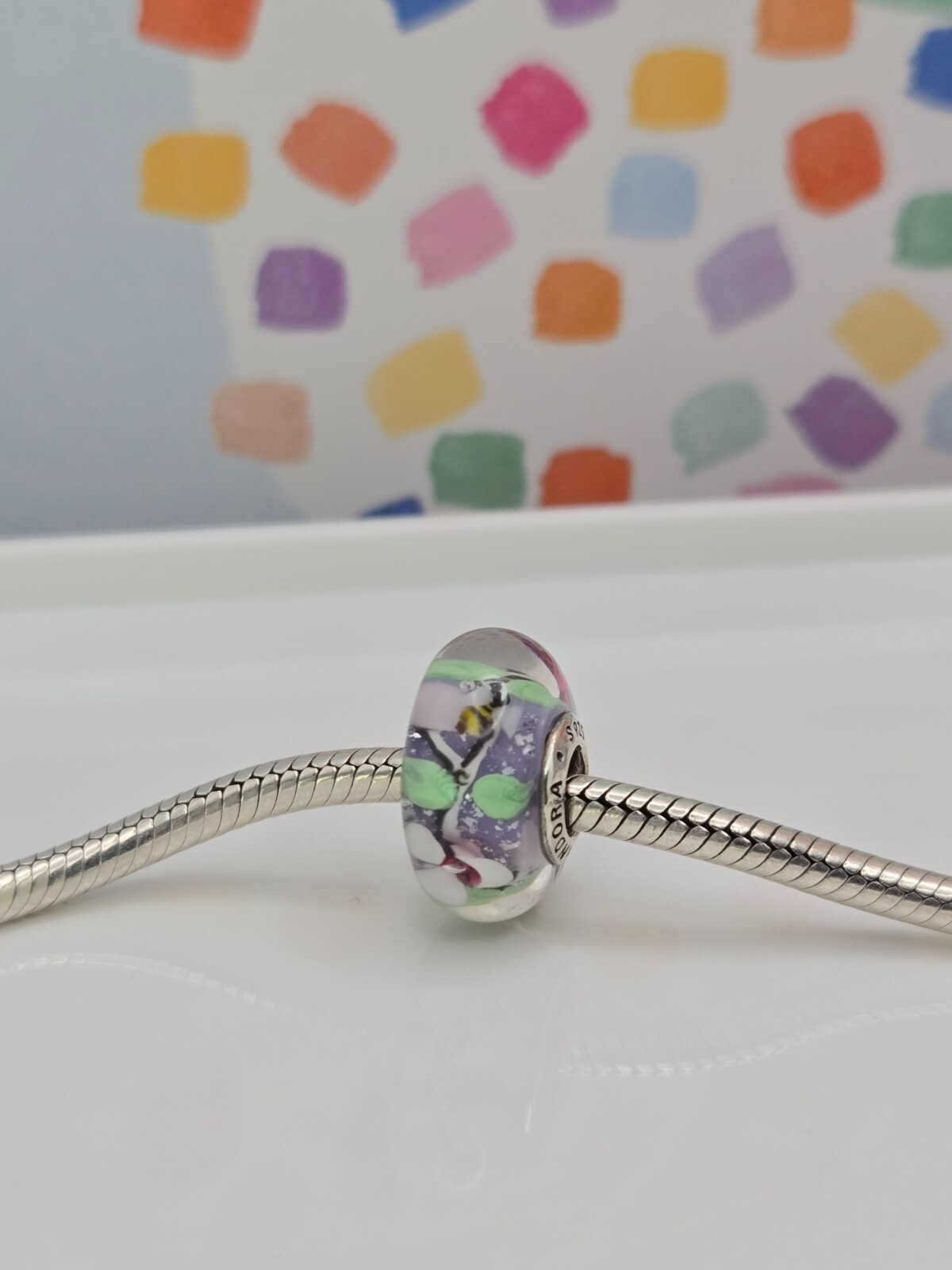 Authentic Pandora Bee silver flowers bee Murano Glass Silver murano Charm
