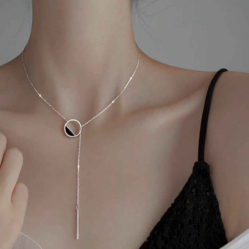 Silver Necklace 925 Sterling Shiny And Exquisite Round Rectangle Choker Jewelry