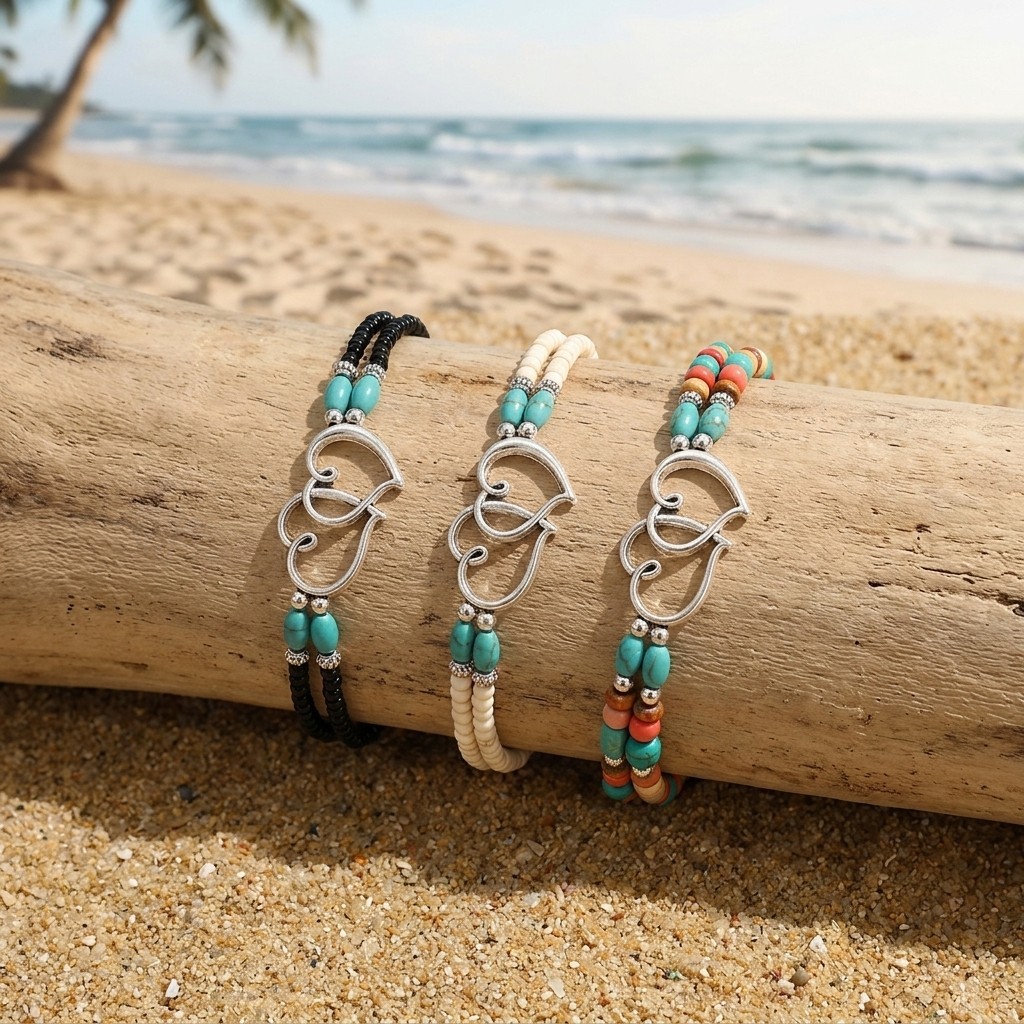 3Pcs Boho Turquoise Heart Layered Beaded Anklet Set Beach Foot Bracelets