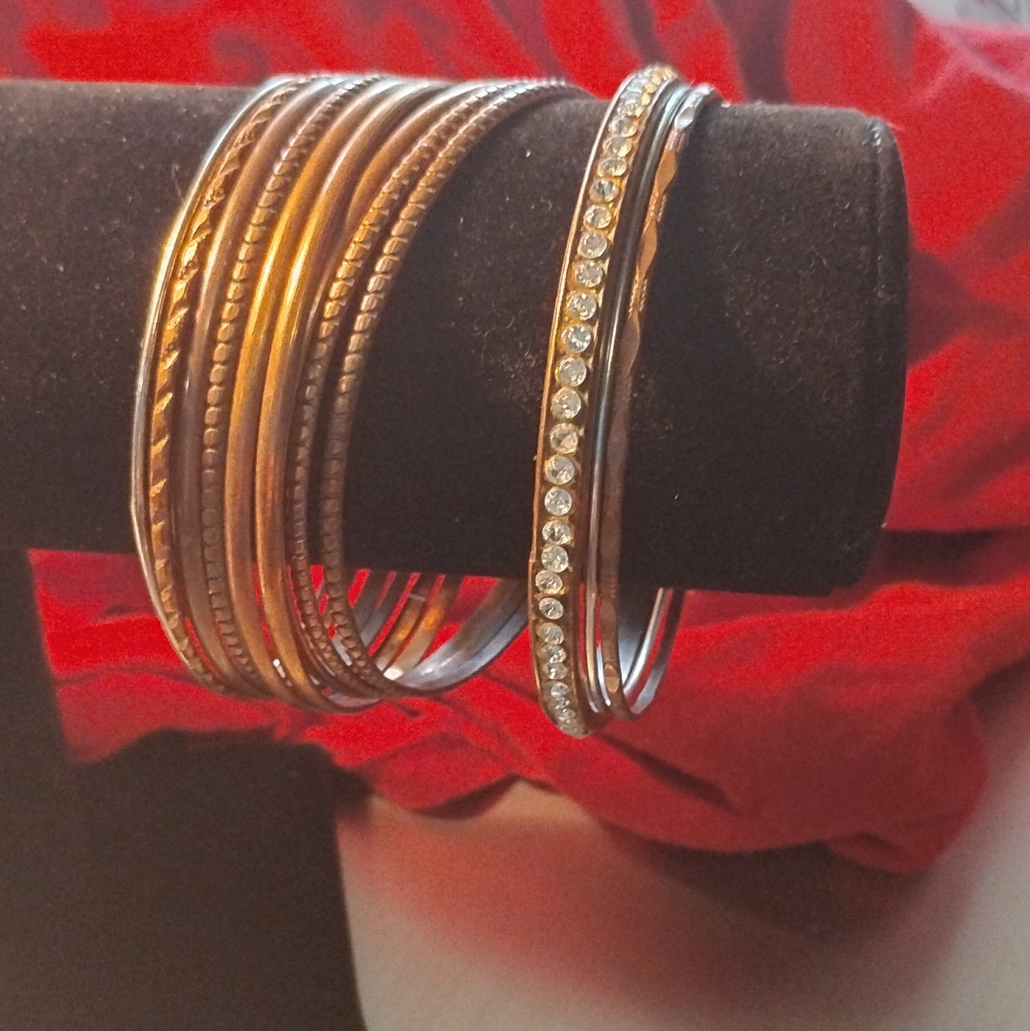 Two-Tone Gold & Silver Tone Stackable Bangle Bracelets Channel-Set Crystal