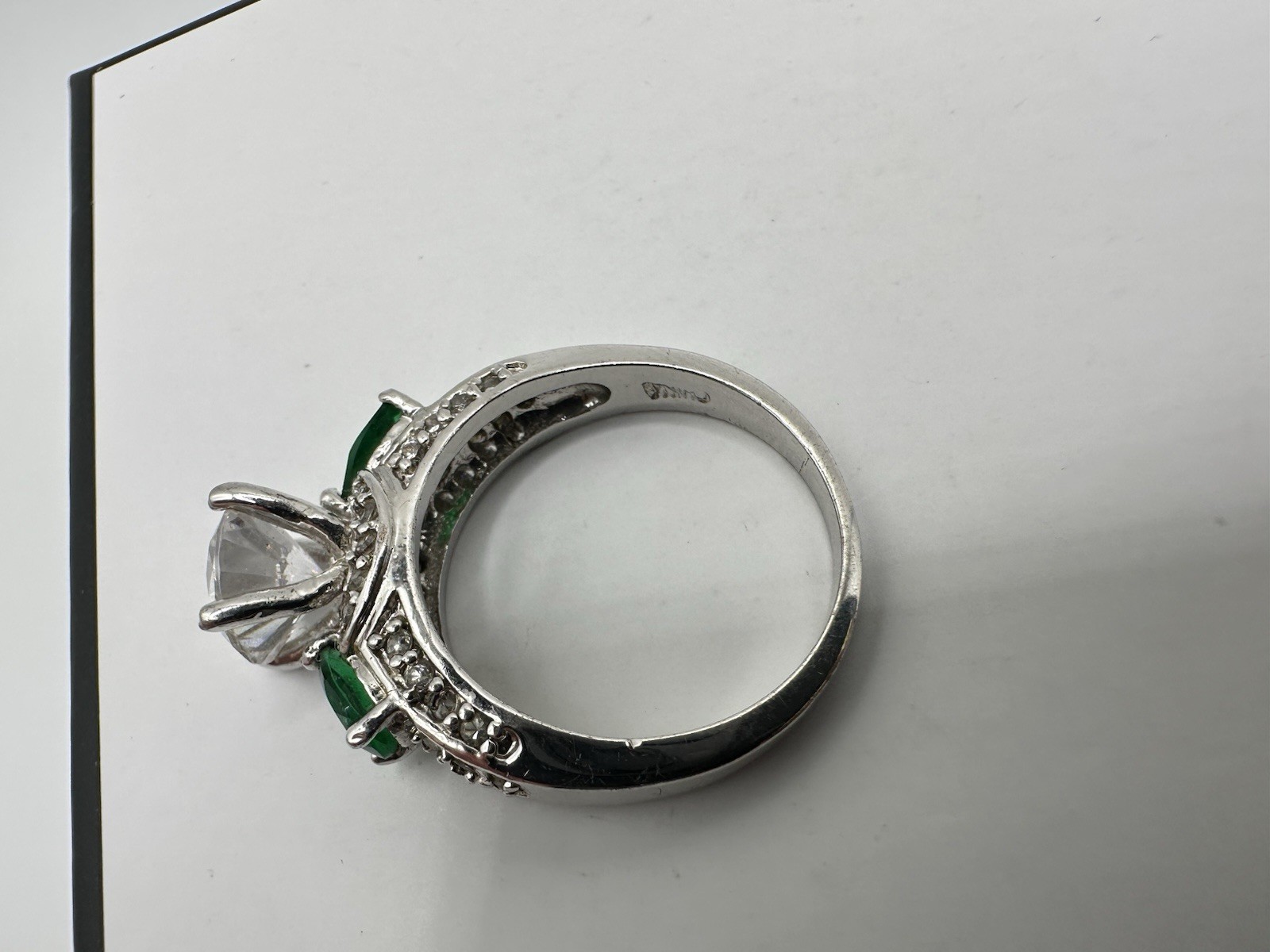 Silver Tone Cocktail Ring SZ8 Green Bling Signed China? Stone Missing Read