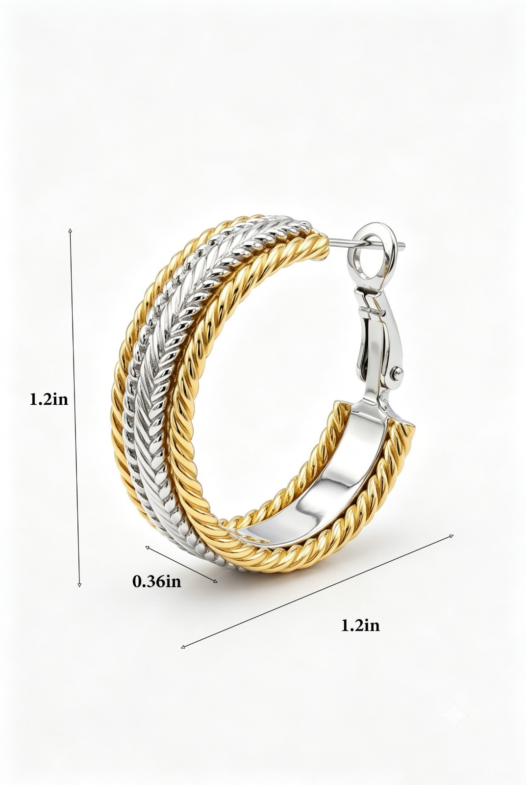 Two Tone 18K Gold Silver Plated Brass Braided Texture Huggie Hoop Earrings 1.2in